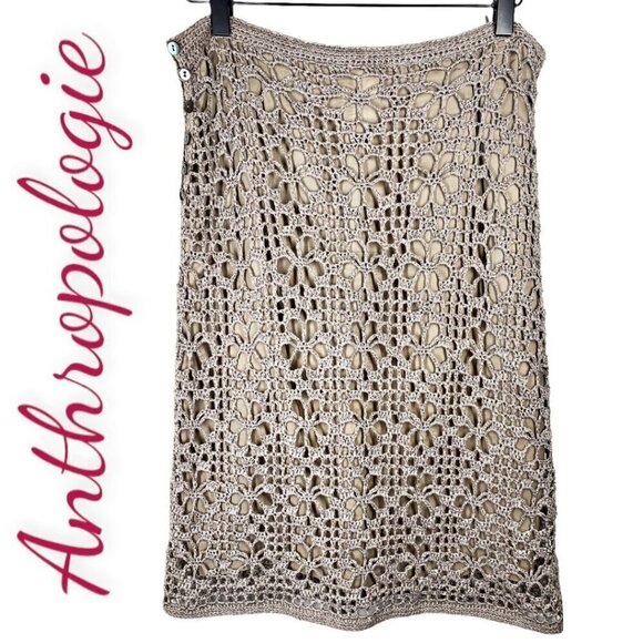 ANTHROPOLOGIE BETH BOWLEY Open Knit Nude Crochet Pencil Skirt, Size Medium - Picture 1 of 7